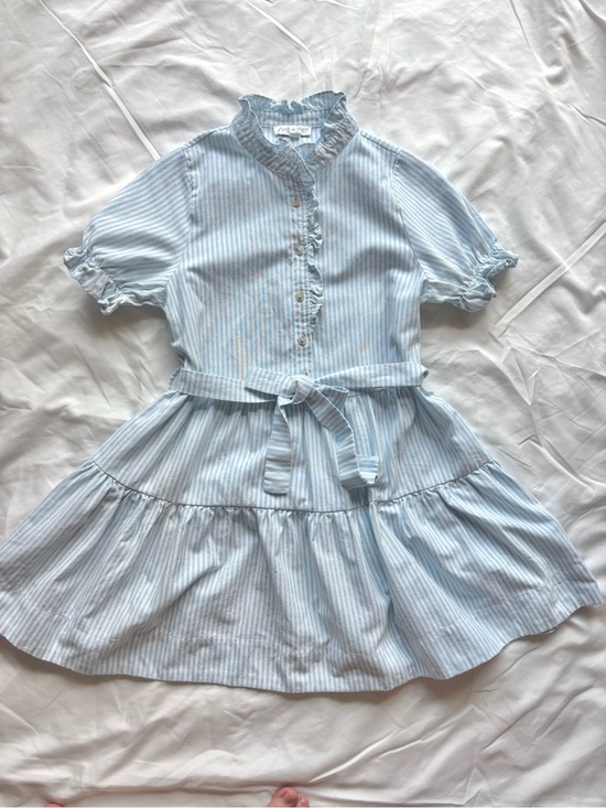She + Sky Dresses & Skirts - She + Sky  Blue and White Striped Ruffle Collar Tie-Waist Dress